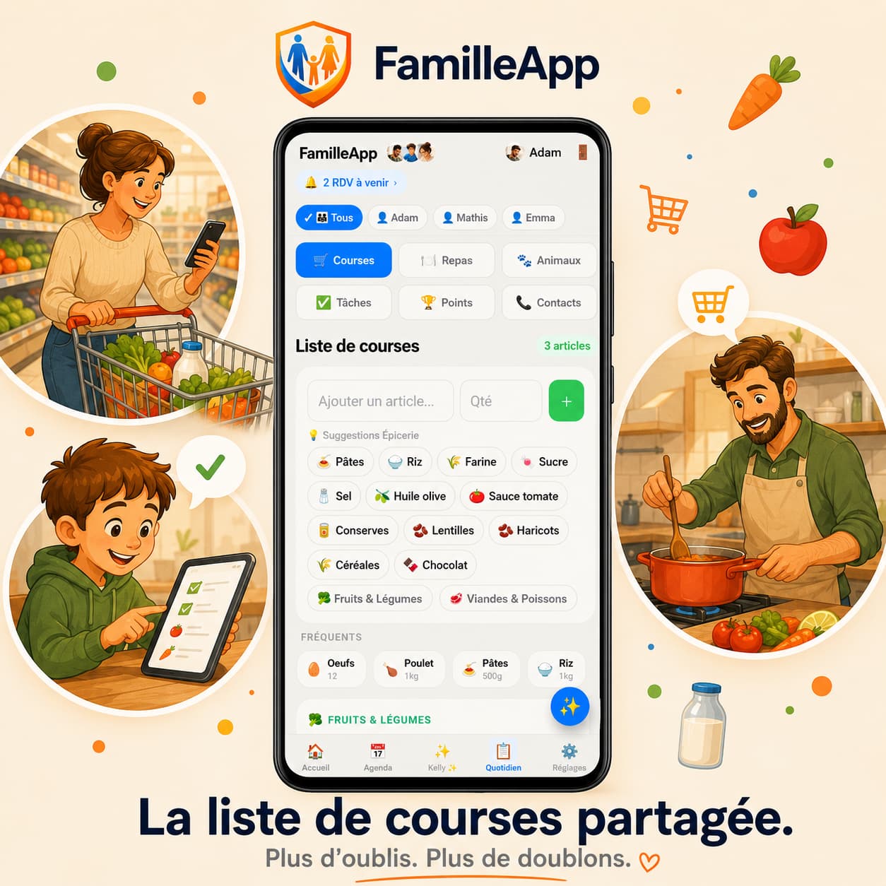La liste de courses partagée, avec suggestions et articles rangés par rayon.