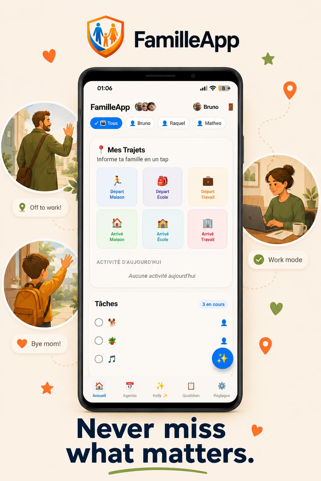 FamilleApp affiche les trajets de chaque membre et les tâches en cours.