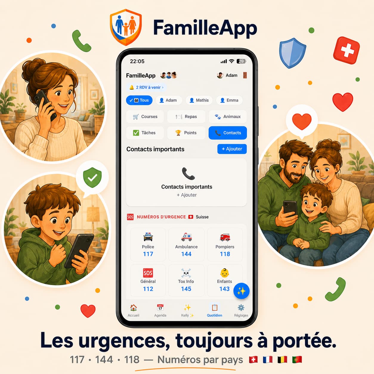 Les numéros d'urgence suisses affichés dans l'application.