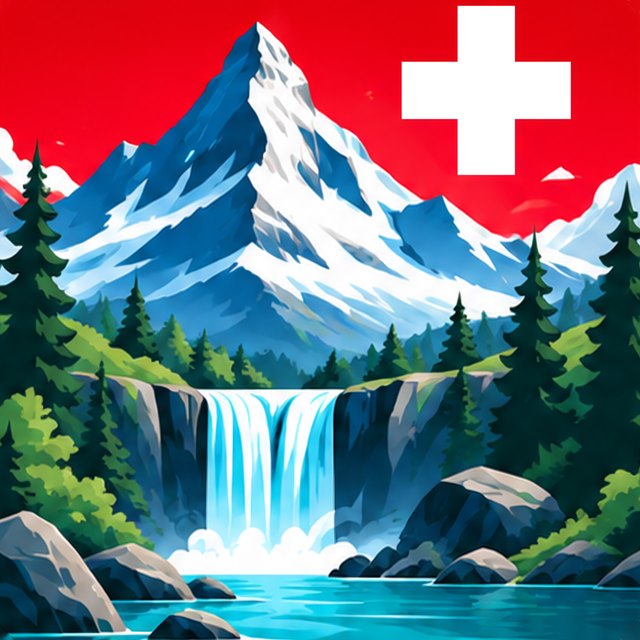 Logo SuisseSpot : une cascade au pied d’un sommet alpin, sous le drapeau suisse.